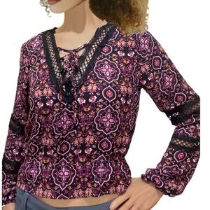 NEW💕 Floral Lace-Trimmed Lace up Puff Long Sleeve  Pepulum Top Purple